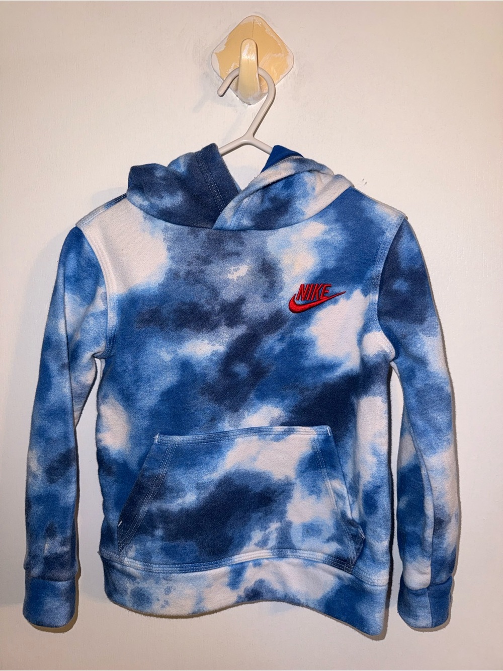 Nike Kids Blue & White Tie-Dye Pullover Hoodie with Red Logo